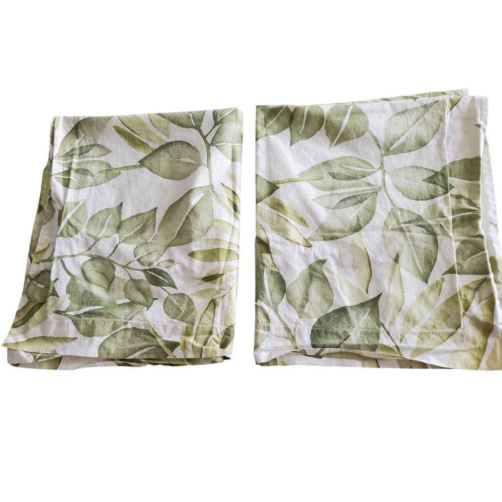 Pottery Barn Set of 2 Organic Cotton Standard Pillowcases Green Leaf Botanical